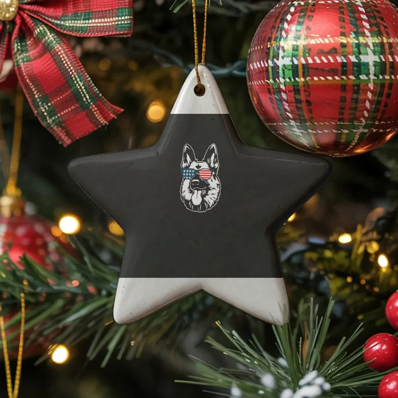 Patriotic Dog Christmas Ornament, German Shepherd Ceramic Star Ornament, USA Flag Sunglasses Ornament, Dog Lover Holiday Star Keepsake Present