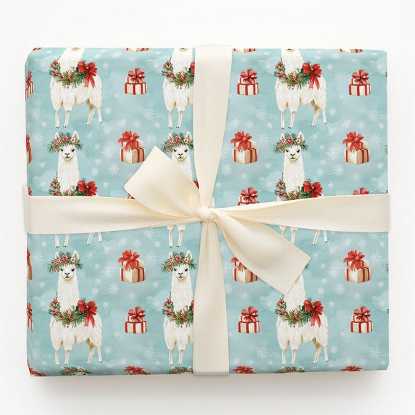 Festive Holiday Llama Gift Wrap, Christmas Llama Wrapping Paper, Adorable Animal Wreath Llama Wrapping Paper, Winter Snowflak