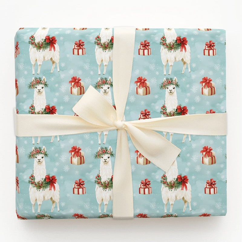 Festive Holiday Llama Gift Wrap, Christmas Llama Wrapping Paper, Adorable Animal Wreath Llama Wrapping Paper, Winter Snowflakes Gift Wrap Roll