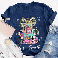 Bow Colored Pencils Snowflake Shirt, Personalized Christmas T-Shirt, Custom Holiday School Graphic Tee, Teacher Present Top