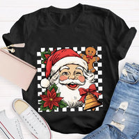 Retro Holiday Graphic Tee, Checkerboard Santa Gingerbread Man Christmas T-Shirt, Adorable Xmas Cookie Shirt, Festive Top