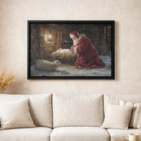 Religious Nativity Canvas Wall Art, Santa Kneeling at Manger Canvas Print, Christian Christmas Canvas, Holiday Nativity Scene Home Decor