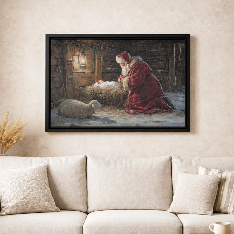 Religious Nativity Canvas Wall Art, Santa Kneeling at Manger Canvas Print, Christian Christmas Canvas, Holiday Nativity Scene Home Decor