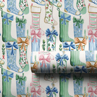Festive Rain Boot Holiday Gift Wrap, Watercolor Wellington Boot Christmas Wrapping Paper, 90 GSM Fine Art Paper, Winter Present Wrap
