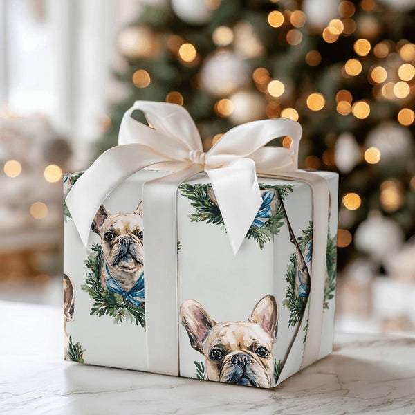 Dog Wreath Gift Wrap, French Bulldog Christmas Wrapping Paper, Frenchie Holiday Wrapping Paper, Adorable Winter Dog Lover Gif