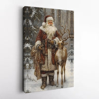 Snowy Reindeer Christmas Canvas, Vintage Santa Claus Canvas Wall Art, Winter Forest Holiday Wall Art, Retro Santa Canvas Print Present