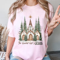 Watercolor Snowy Church T-Shirt, The Greatest Present Is Jesus T-Shirt, Religious Christian Shirt, Faith Christmas T-Shirt, Winter Holiday Present
