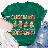Festive Lights Neurodiversity Tee, Everyone Communicates Differently Christmas Shirt, SPED Teacher Holiday T-Shirt, ASL Xmas Present