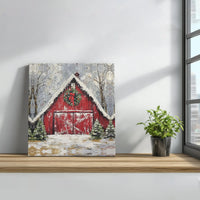 Snowy Farmhouse Winter Canvas Wall Art, Red Barn Christmas Square Canvas, Holiday Farm Landscape Canvas Print, Rustic Xmas Decor