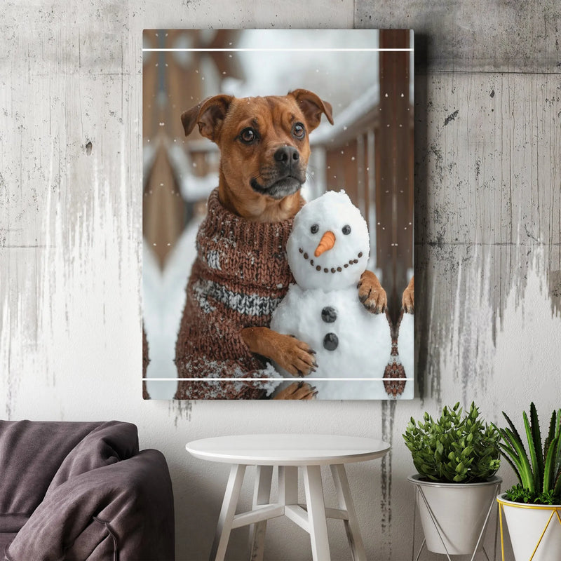 Winter Wonderland Dog Canvas Wall Art, Dog Hugging Snowman Canvas Print, Comfy Holiday Pet Wall Canvas, Adorable Christmas Decor, Dog Lover Present