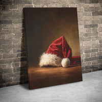 Rustic Christmas Canvas Print, Santa Hat Oil Painting Canvas Wall Art, Festive Holiday Santa Hat Canvas Decor, Winter Seasonal Home Wall Art