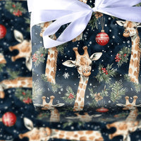 Watercolor Animal Gift Wrap, Navy Christmas Giraffe Wrapping Paper, Festive Wildlife Wrapping Paper Roll, Winter Holiday Gift Wrap
