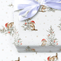 Watercolor Santa Hat Gift Wrap, Christmas Chipmunk Wrapping Paper, Adorable Woodland Animal Holiday Paper, Festive Xmas Gift Wrapping Roll