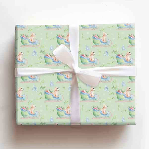 Watercolor Puppy Christmas Gift Wrap, Golden Retriever Sleigh Wrapping Paper, Holiday Dog Sleigh Wrapping Paper, Adorable Pet