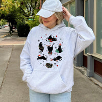 Festive Black Cats Graphic Pullover, Christmas Cat Hoodie, Adorable Holiday Kitten Sweatshirt, Winter Cat Lover Hooded Sweater Xmas Present