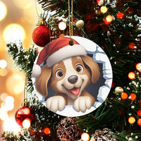 Santa Hat Dog Ornament, Cartoon Puppy Christmas Ornament, Wall Burst Puppy Ceramic Ornament, Holiday Tree Decor, Dog Lover Xmas Present