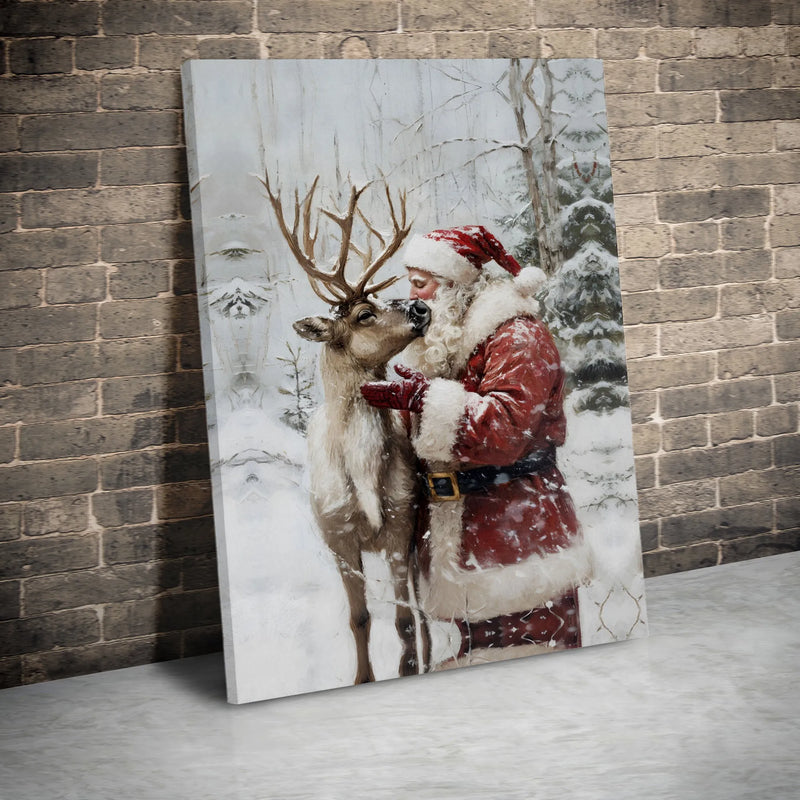 Snowy Winter Forest Canvas Print, Santa and Reindeer Canvas Wall Art, Festive Christmas Canvas Decor, Holiday Wall Art Canvas Decoration