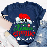 Humorous Holiday Coworker T-Shirt, Our Team Sleighs Christmas Shirt, Santa Hats Snowflakes Xmas Tee, Festive Work Team Shirt, Xmas Present Tee