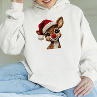 Faux Knitted Yarn Deer Sweatshirt, Reindeer Christmas Hoodie, Adorable Xmas Graphic Hooded Pullover, Comfy Holiday Deer Hoodie, Winter Present