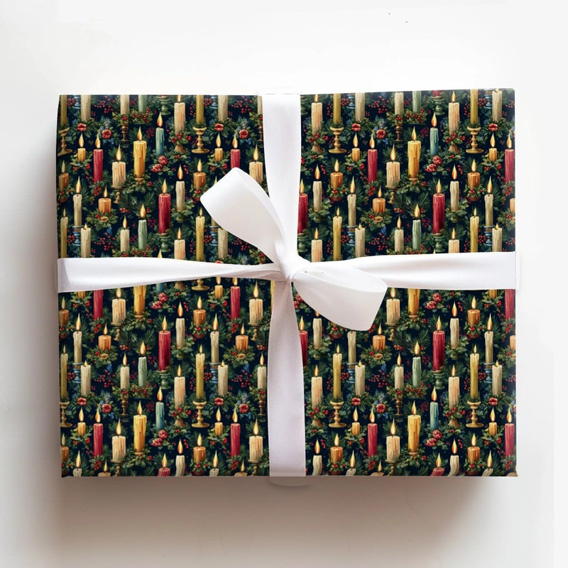 Holly Berry and Pine Wrapping Paper, Vintage Christmas Candle Wrapping Paper, Traditional Holiday Wrapping Paper, Winter Gift Wrap Roll