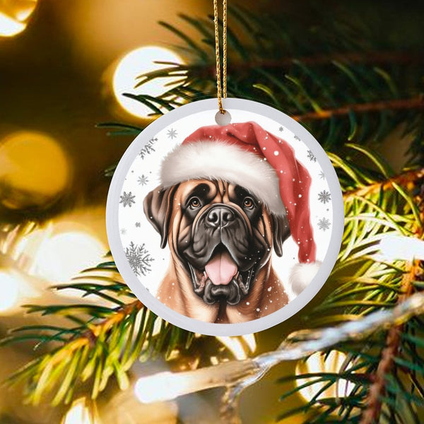Santa Hat Dog Portrait Tree Ornament, Bullmastiff Christmas Ornament, Ceramic Puppy Breed Holiday Ornament, Festive Pet Lover