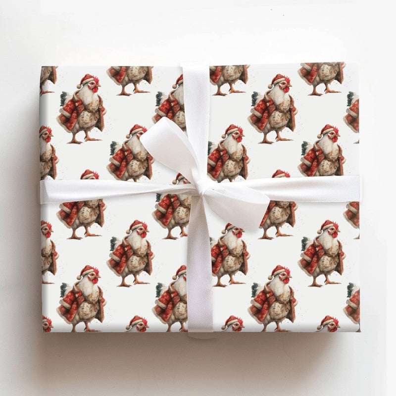 Farmhouse Chicken Gift Wrap, Santa Rooster Christmas Wrapping Paper, Humorous Animal Holiday Wrapping Paper, Country Barn Gift Wrap Roll