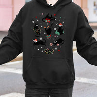 Festive Black Cats Graphic Pullover, Christmas Cat Hoodie, Adorable Holiday Kitten Sweatshirt, Winter Cat Lover Hooded Sweater Xmas Present
