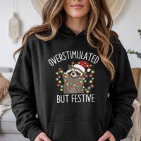 Humorous Christmas Lights Raccoon Sweatshirt, Overstimulated but Festive Raccoon Hoodie, Holiday Chaos Pullover, Adorable Xmas Animal Top