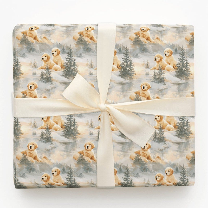 Watercolor Puppy Gift Wrap, Golden Retriever Wrapping Paper, Winter Dog Christmas Wrapping Paper, Adorable Holiday Wrapping Paper Roll