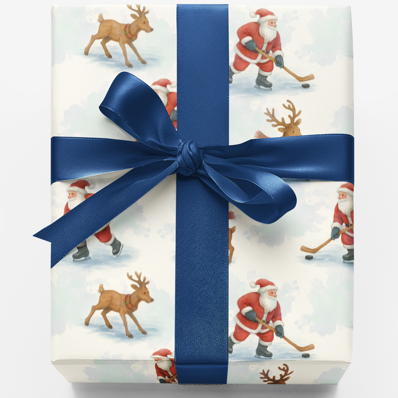 Santa Playing Hockey Gift Wrap, Hockey Santa Christmas Wrapping Paper, Winter Sports Holiday Present Paper, Hockey Fan Gift Wrapping Roll