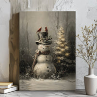 Winter Cardinal Canvas Print, Christmas Snowman Canvas Wall Art, Holiday Scene Wall Art, Rustic Xmas Wall Decor, Christmas Home Art Present