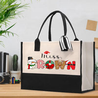 Custom Name Holiday Present Tote Bag, Personalized Teacher Christmas Cotton Tote Bag, Festive Canvas Shoulder Shopper