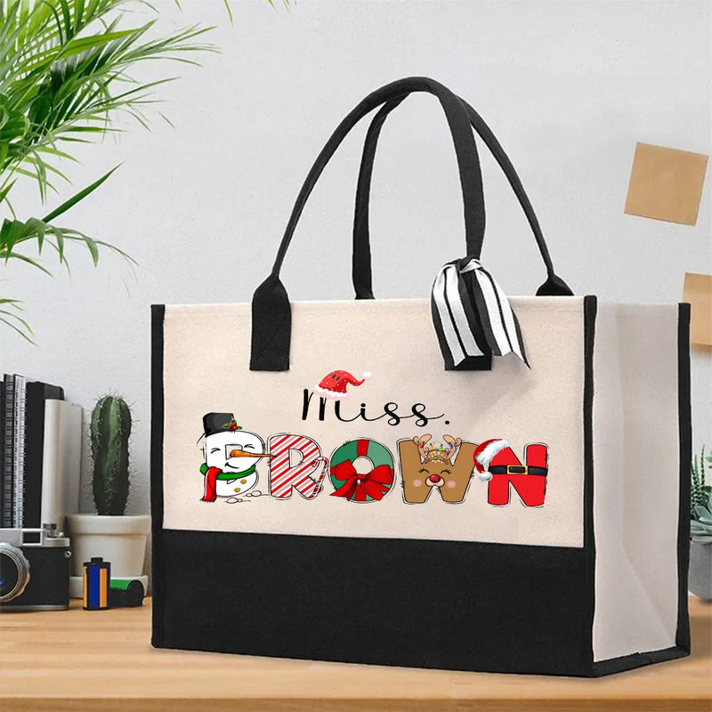 Custom Name Holiday Present Tote Bag, Personalized Teacher Christmas Cotton Tote Bag, Festive Canvas Shoulder Shopper