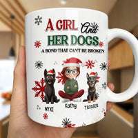 Personalized Pet Lover Holiday Mug, Girl and Her Dogs Christmas Ceramic Mug, Adorable Dog Mom Coffee Cup, Winter Dog Mug, Xmas Pet Owner Present