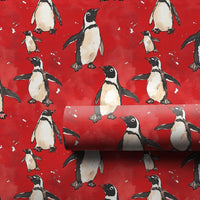 Red Snowy Holiday Gift Wrap, Watercolor Penguin Christmas Wrapping Paper, Adorable Winter Animal Wrapping Paper, Festive Birthday Gift Wrap