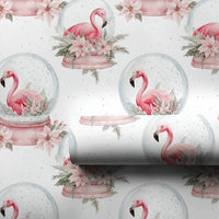 Tropical Christmas Gift Wrap, Snow Globe Flamingo Wrapping Paper, Watercolor Pink Poinsettia Present Paper, Winter Holiday Wrap Roll