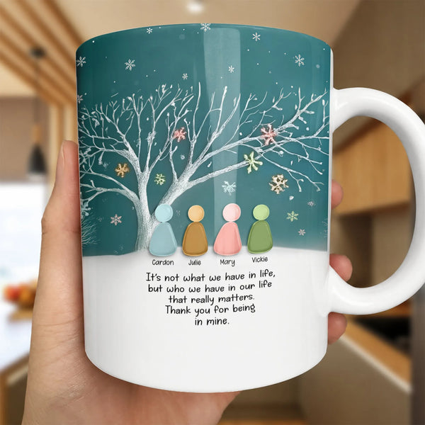 Custom Names Winter Snowflake Ceramic Mug, Personalized Family Tree Mug, Family Coffee Cup, Holiday Christmas Present