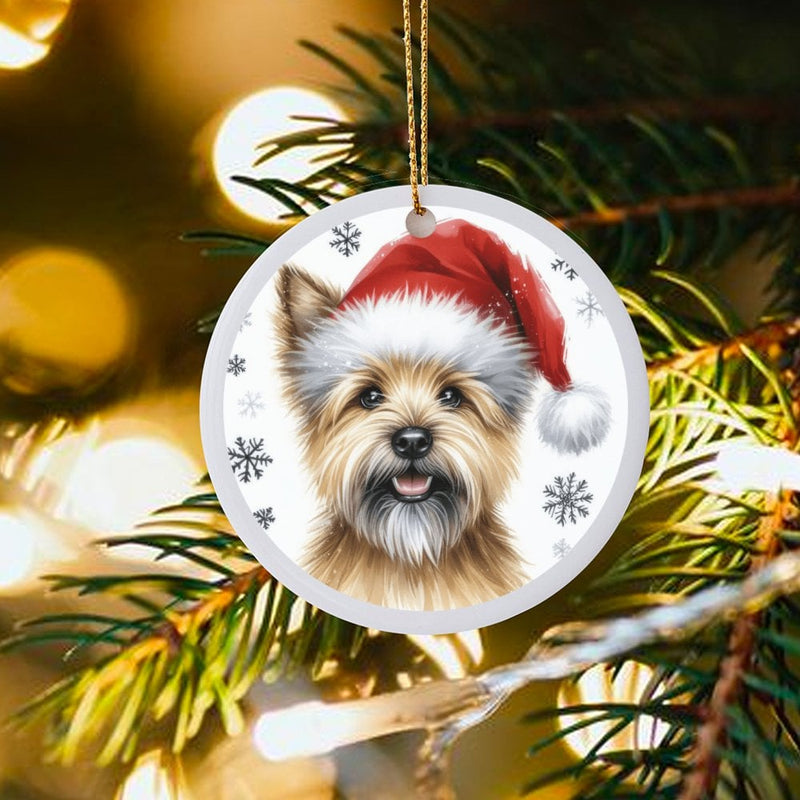 Santa Hat Dog Art Tree Ornament, Cairn Terrier Christmas Ornament, Glossy Ceramic Pet Holiday Ornament, Winter Puppy Keepsake, Dog Mom Present