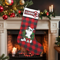 Custom Name Pet Holiday Stocking, Personalized Buffalo Plaid Cat Christmas Stocking, Red Plaid Christmas Stocking, Velboa Cat Xmas Stocking