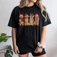 Dog with Reindeer Antlers Graphic Tee, Christmas Golden Retriever T-Shirt, Adorable Holiday Pup Shirt, Festive Golden Dog Mom Lover Tee