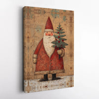 Vintage Christmas Tree Canvas, Rustic Santa Claus Canvas Art, Farmhouse Santa Wall Decor, Holiday Canvas Print, Christmas Home Present