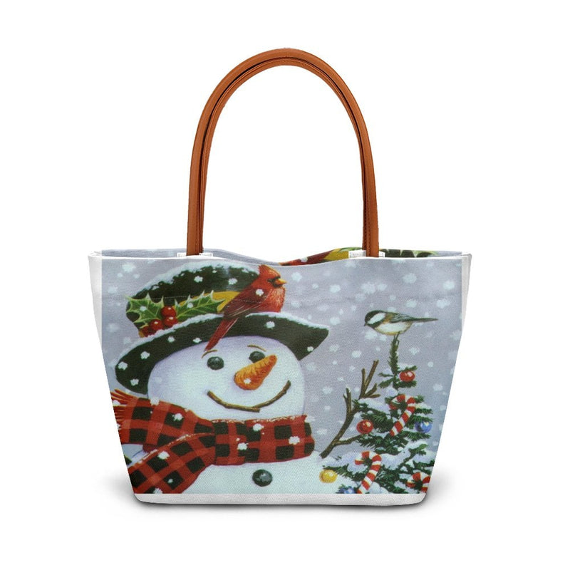 Winter Cardinal Shoulder Bag, Christmas Snowman Tote Bag, Holiday Scene Handbag, Adorable Snowman Graphic Tote Bag, Festive Christmas Present