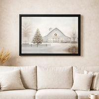 Lit Christmas Tree Canvas Print, Snowy White Barn Canvas Wall Art, Winter Scene Holiday Canvas, Rustic Farmhouse Decor, Winter Wall Present