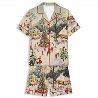 Vintage Holiday Satin Pajamas, Winter Town Square Christmas Pajama Set, Festive Christmas Sleepwear, Comfy Winter PJs