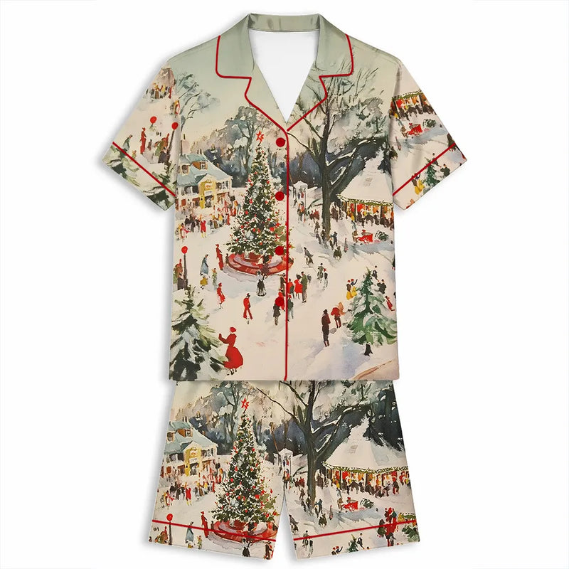 Vintage Holiday Satin Pajamas, Winter Town Square Christmas Pajama Set, Festive Christmas Sleepwear, Comfy Winter PJs