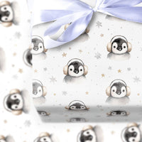 Adorable Watercolor Winter Animal Gift Wrap, Baby Penguin Christmas Wrapping Paper, Snowflake Holiday Wrapping Paper, Festive Baby Gift Wrap