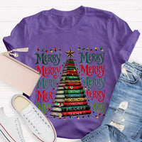 Festive Reading Holiday Graphic Tee, Christmas Book Tree Teacher Shirt, Bookish Xmas Tree T-Shirt, English Teacher Christmas Present