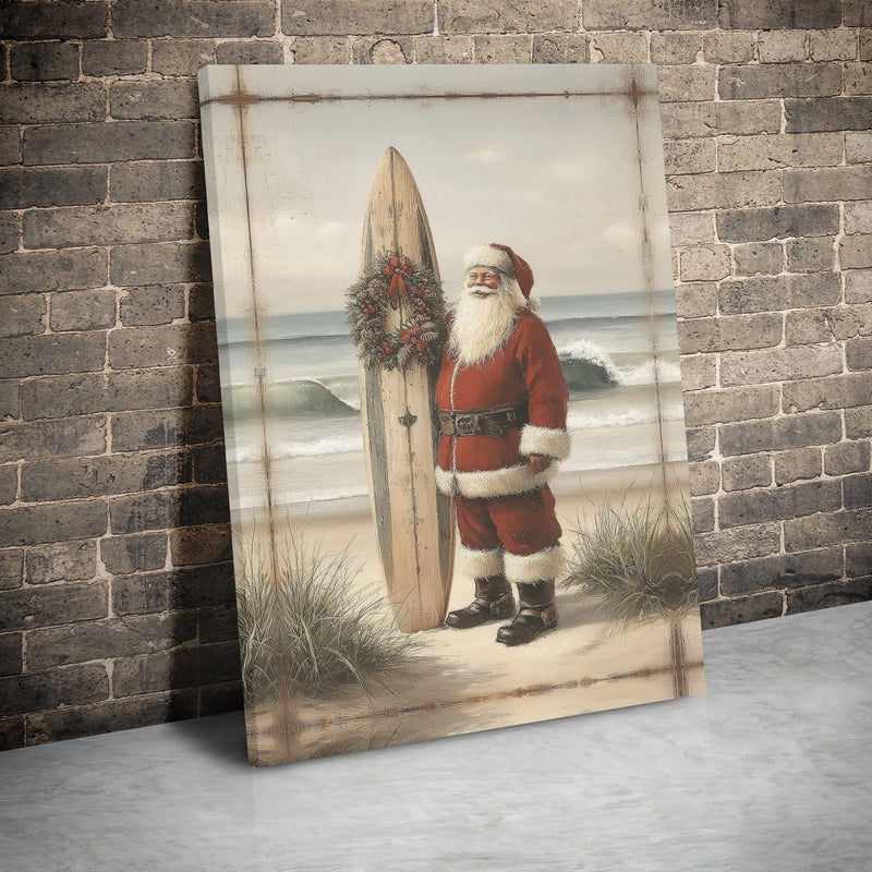 Vintage Surfing Santa Print, Coastal Santa Claus Canvas Wall Art, Tropical Christmas Canvas, Beach Holiday Decor, Surfer Santa Canvas Present