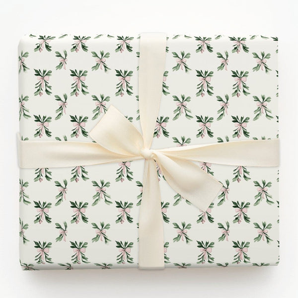 Pink Bow Gift Wrap, Watercolor Mistletoe Wrapping Paper, Holiday Botanical Wrapping Paper, Elegant Winter Christmas Gift Wrap