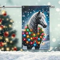 Winter Snow Scene Yard Flag, Horse Christmas Garden Flag, Festive Wreath Double Sided Outdoor Flag, Holiday Equestrian Lawn Decor